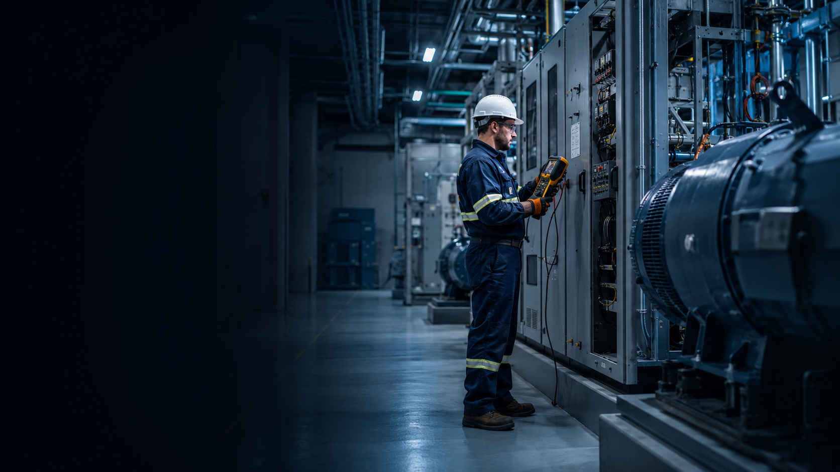 Industrial motor area prepared for coordinated electrical and mechanical testing
