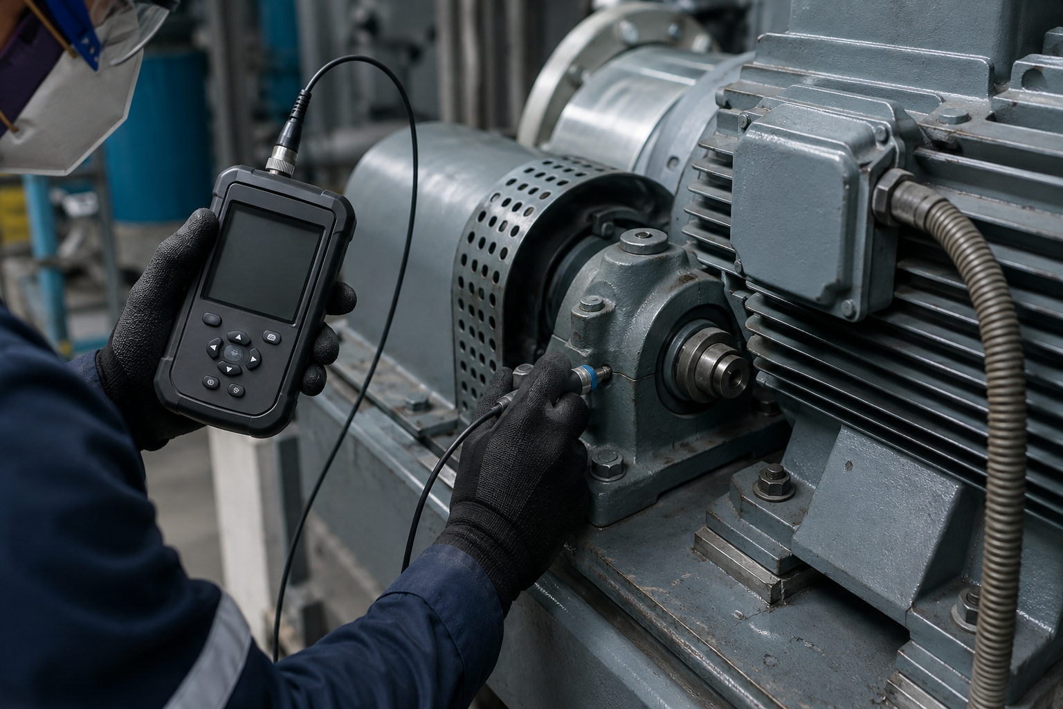 Engineer performing a predictive-maintenance diagnostic measurement on an industrial motor